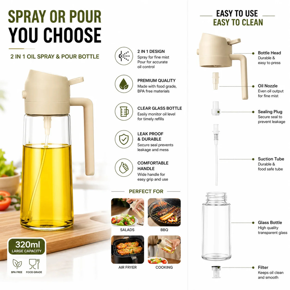2 in 1 Oil Bottle – 500ML Oil Spray Bottle & Oil Dispenser